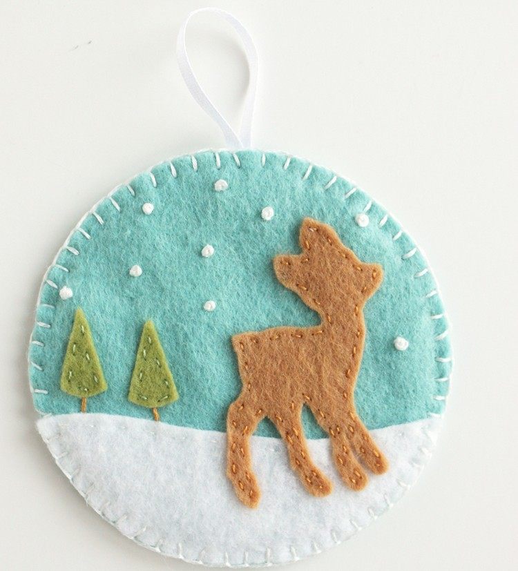 jeleň v zasneženej krajine Šitie vianočných ozdôb-návod-vianočný stromček-ozdoby-plsť-jeleň