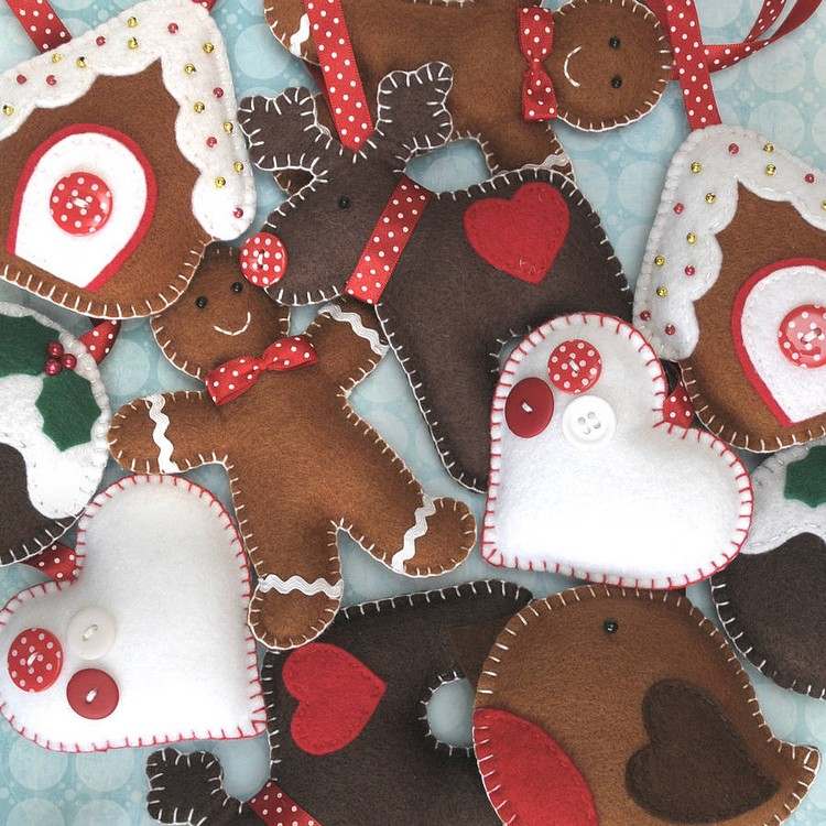 Ušite vianočné motívy z filcu ako prívesky na vianočný stromček vianočné dekorácie-blízke nápady-plsť-perník-muž-los-srdiečka-perníkové chalúpky