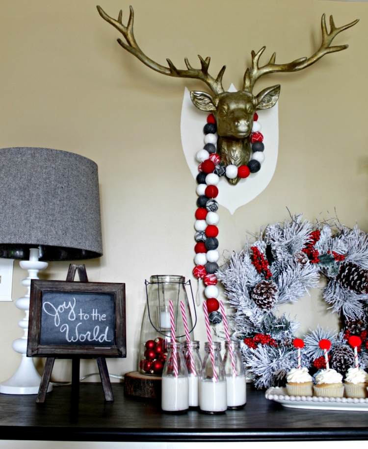 Dekorácia pripravená na očakávanie Santa Klausa vianočné dekorácie-nápady-girlandy-rúška-parohy-zlaté-eko-košíčky-mlieko