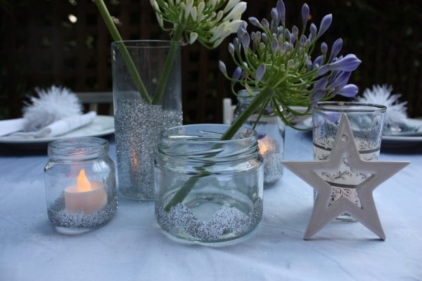 Vianočná dekorácia držiaky na sviečky zaváraninové strieborné trblietky Vianočná dekorácia sklenený svietnik džemy strieborné trblietky