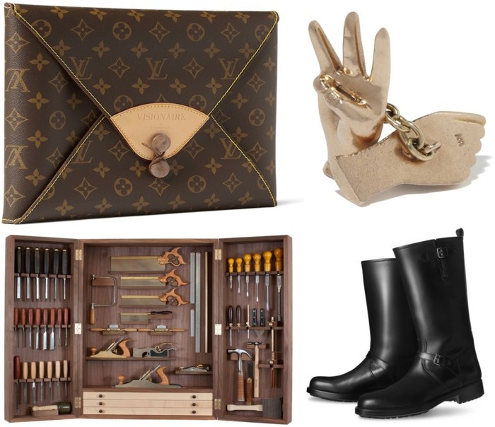 rôzne nápady pre mužov na oslavu Vianoc NN kabelka, skrutkovač, kufor, gumáky