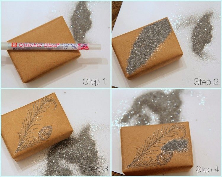 Rozptýlite trblietavý prach na lepidlo vianočné-darčekové-balenie-návod-striebornej farby-trblietky-kraft-papier
