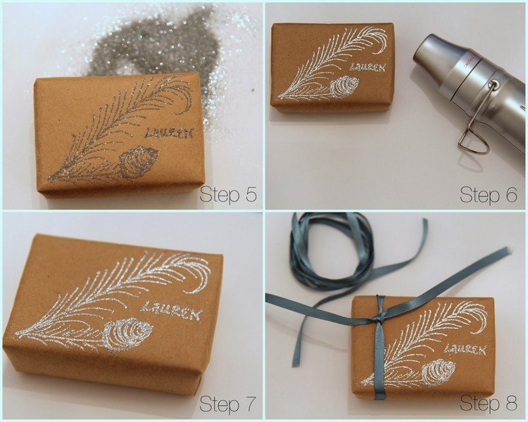 Kresba motívu pierka na kraftový papier s trblietavým prachom vianočné darčeky-obal-návod-trblietky-lepidlo-pierko-motív