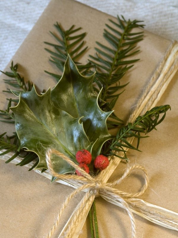 Vianočné darčeky zdobia vetvičky cesmíny vianočné darčeky nápady vetvy jedle cesmíny