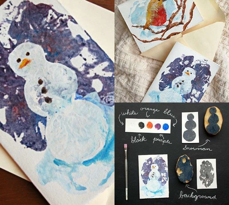 Vyrobte si vianočnú pohľadnicu s pečiatkami zo zemiakov Vianočné pohľadnice-urob si sám-pečiatka-zemiaky-snehuliak-vták