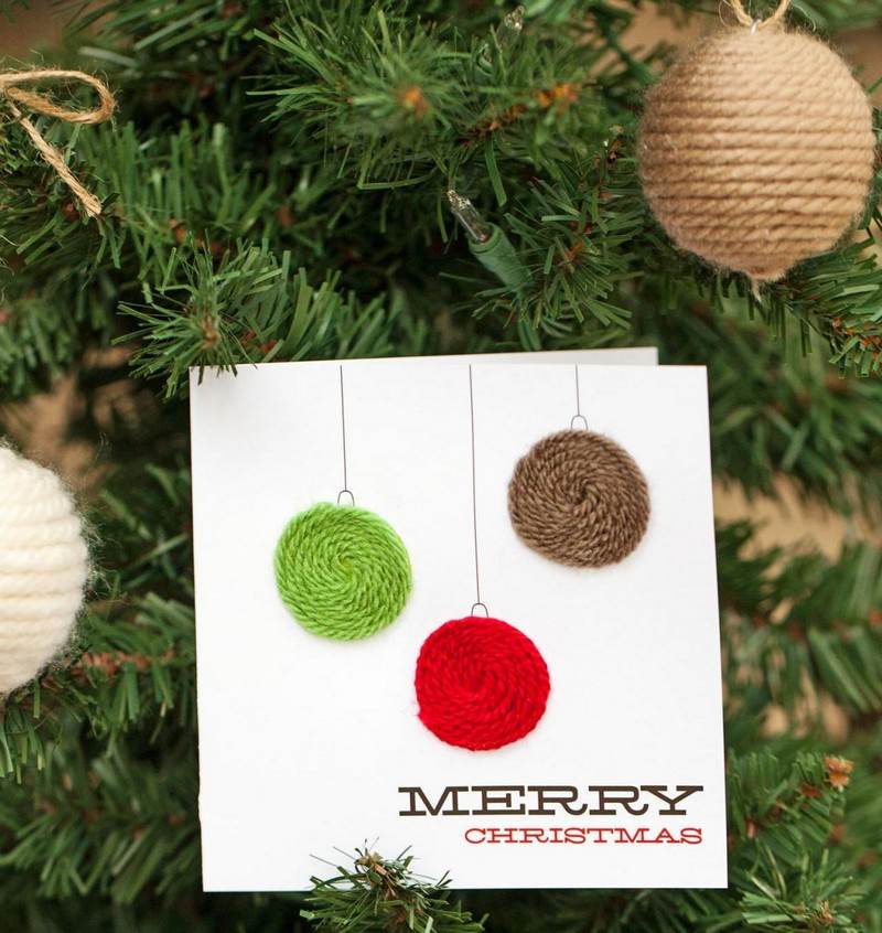 Vyrobte si kreatívnu vianočnú pohľadnicu - gule na vianočný stromček vyrobené zo špagátu Vianočné pohľadnice-drotár-špagát-wrap-nápady