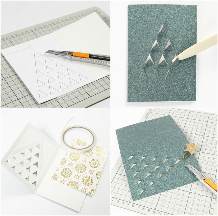 drotárske abstraktné vianočné pohľadnice s pokynmi na vystrihnutie papiera