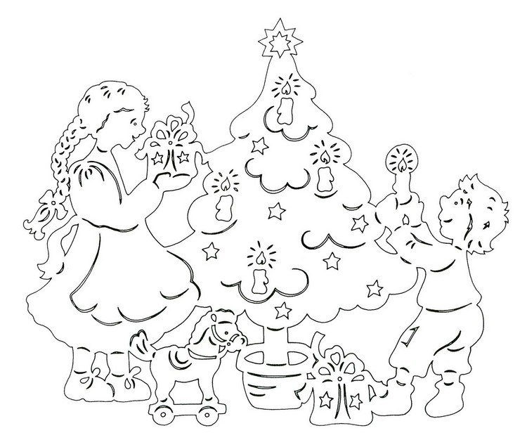 vianočná predloha papier rez jedľa deti