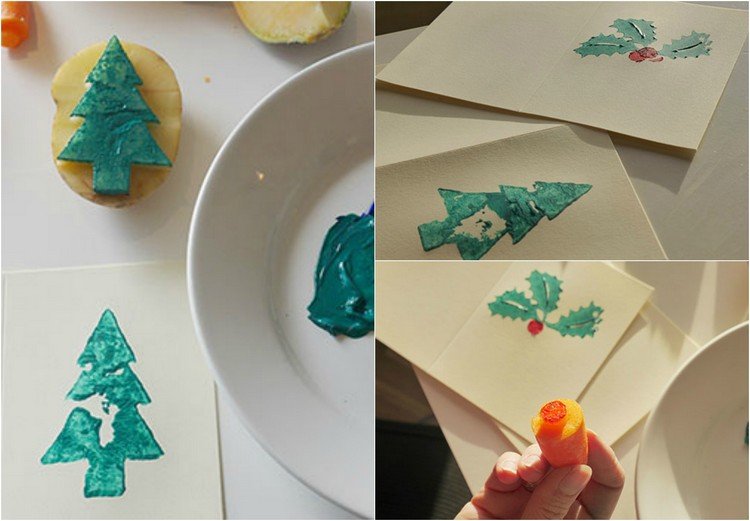 Výroba jedľového a cesmínového listu s potlačou zemiakov vianočné pohľadnice-urob si sám-drotár-návod-zemiakové-tlačené-motívy-vianočné