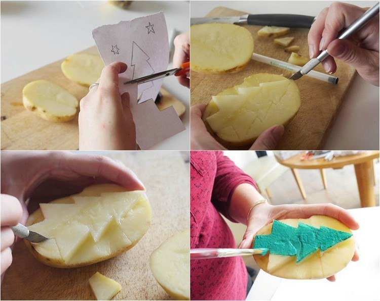 Tinkerová pečiatka zo zemiakov na vianočný stromček na vianočnú pohľadnicu drotár-seba-vianočné pohľadnice-zemiaková pečiatka-jedľa