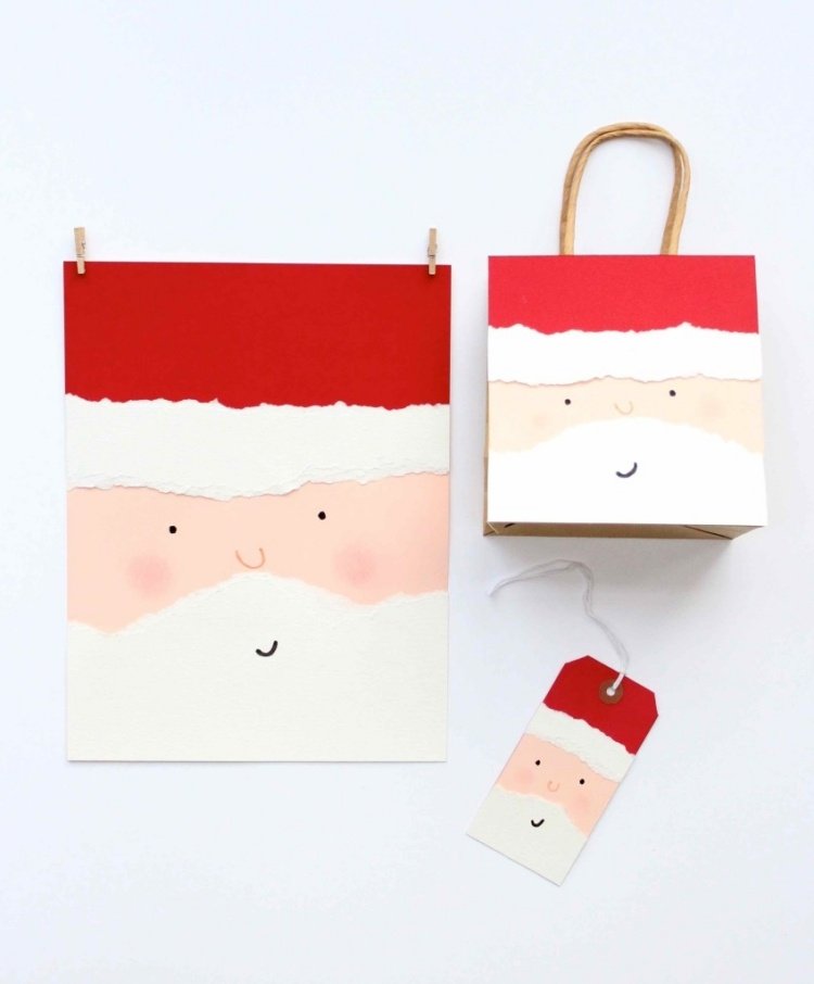 vtipná kartička a papierové vrecúško s úsmevom na tvári Santa Clausa Vianočné pohľadnice-urob si sám-drotár-návod-nápady-santa-claus-vtipné-papierové-vrecúško-karty-kreatívne