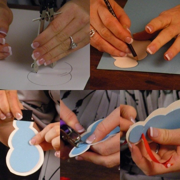 krátke inštrukcie na obrázkoch - vyrobte si vianočnú pohľadnicu snehuliaka Vianočné pohľadnice-urob si sám-návod-snehuliak-vystrihnutý-papier-kartón