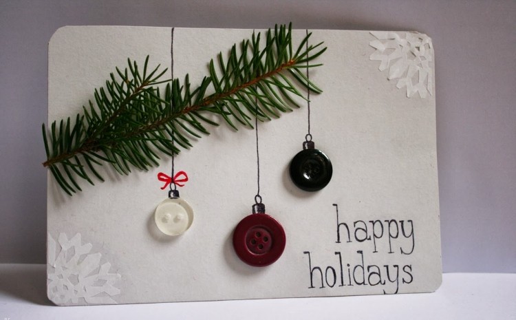 so skutočnou jedľovou vetvou a ktoré gombíky slúžia ako ozdoby na vianočný stromček vianočné pohľadnice-urob si sám-drotári-nápady-tan-vetva-gombíky-vianočné-stromčeky-dekorácie-kreatívne jednoduché