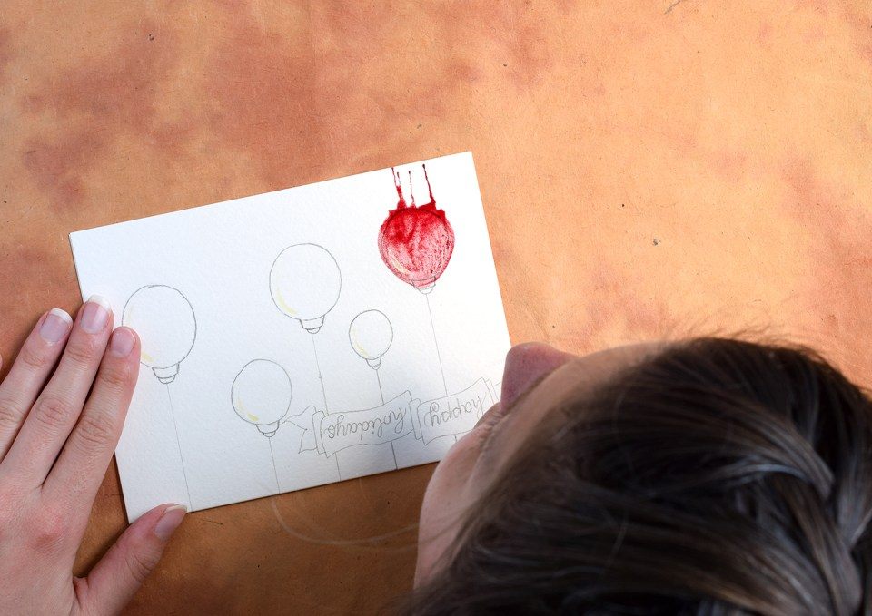 Vymaľujte si vianočné pohľadnice vlastnoručne Balón s akvarelom kreatívne pokyny na blahoželania