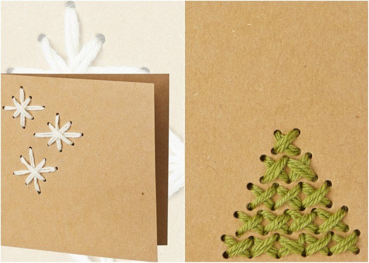 Vianočné pohľadnice zdobia vyšívaciu niť jedľovými vločkami