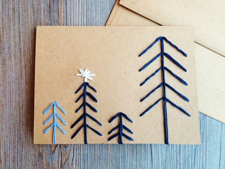 vianočná pohľadnica vyšíva jednoduché motívy jedlí