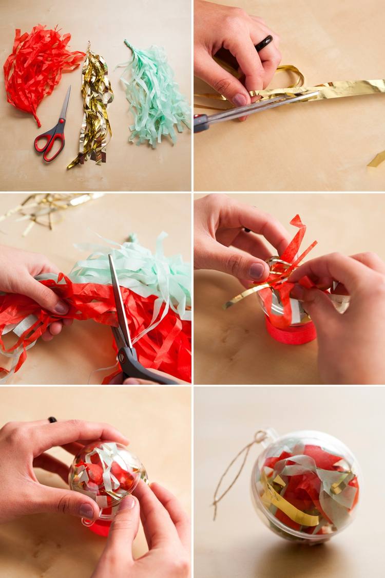 vianočné gule-výplň-transparentné-pozlátko-trblietky-dekorácia-drotár-nápad-vianočný stromček