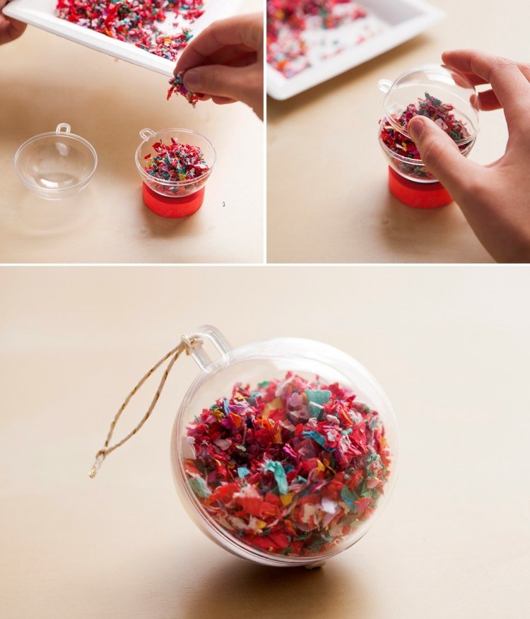 vianočné gule-nápad-vyplniť-farebné-konfety-papier-dekorácia-jednoduché