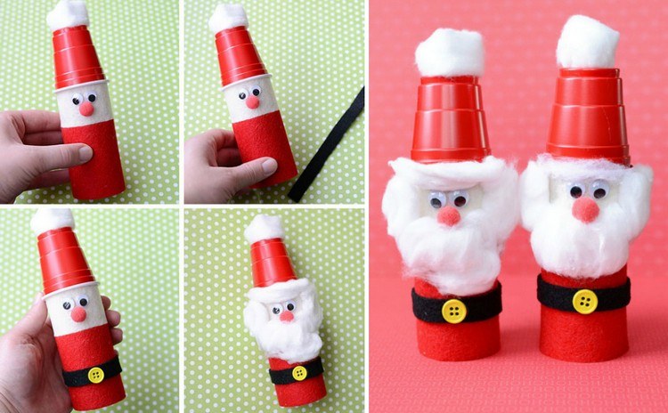Navrhnite Santa Clausa z toaletnej rolky a plastového pohára santa claus-drotár-toaletné rolky-plastové-hrnčeky-vatelín-plsť