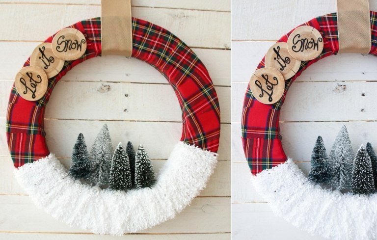 Károvaný vianočný venček na dvere s jedľou a drevenými kotúčmi