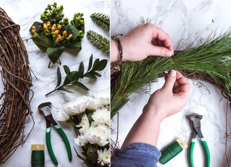 Borovicové konáre uviažte na veniec kvetinovým drôtikom