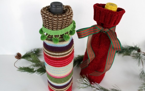 fľaše vína vianočné rozdávať kryty staré svetre rukávy fľaše vína na vianoce zabaliť staré svetre rukávy