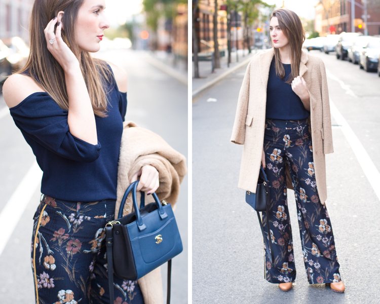 široké nohavice trendová modrá kvetinová potlač s motívmi kvetov