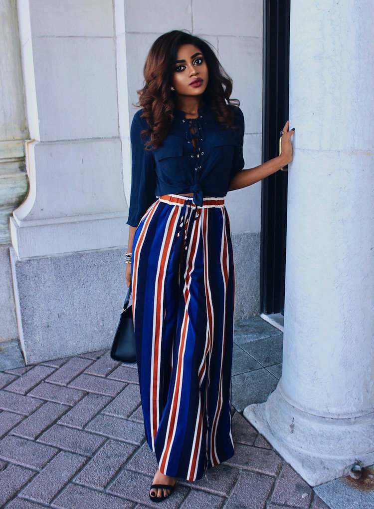 široké nohavice trendové prúžky modrý vysoký pás