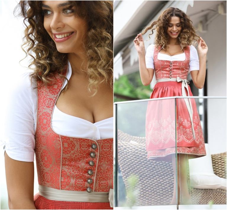 Najlepšie dirndlové farby pre teplé brunetky korálovo béžové