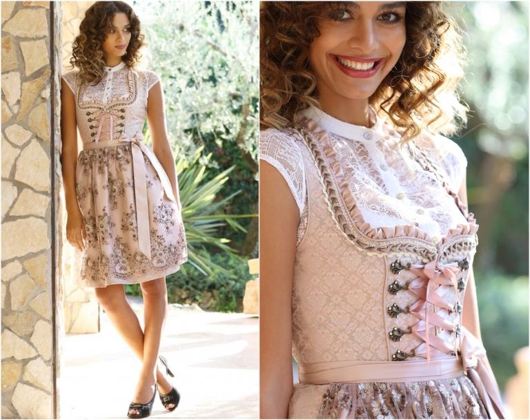 farba dirndl hnedé vlasy 2019 ružový béžový vysoký krk