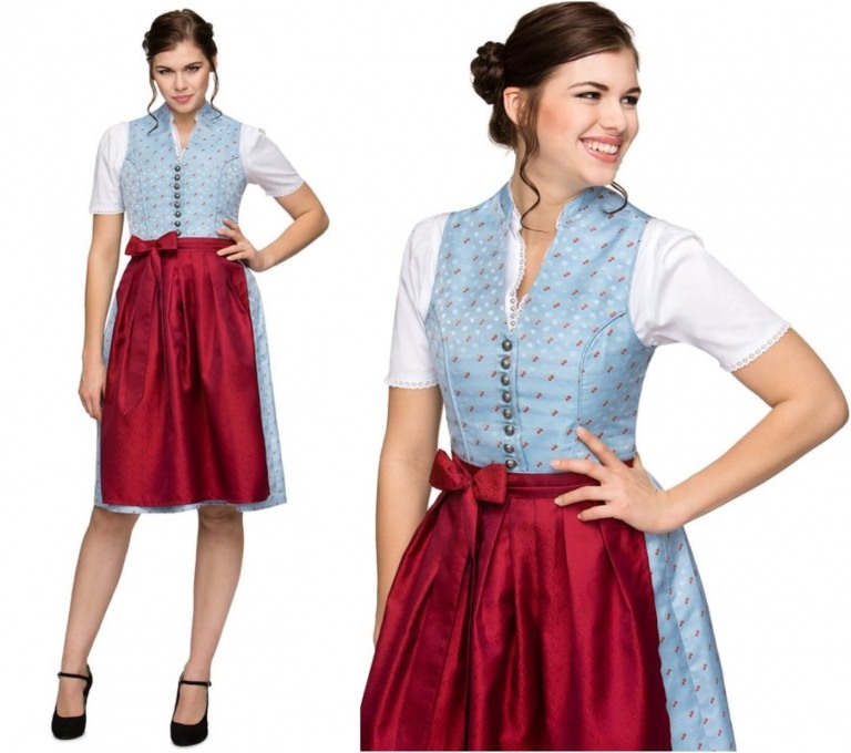 Najlepšie dirndl farby pre chladné brunetky svetlomodrých šiat a červenej zástery
