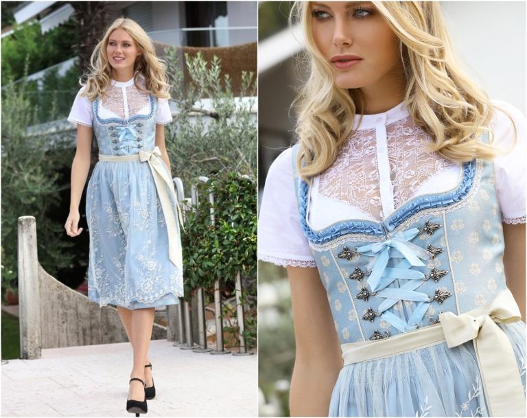 Ktoré dirndl farby na blond studený tón pleti Svetlomodré šaty s mašľou zo slonoviny