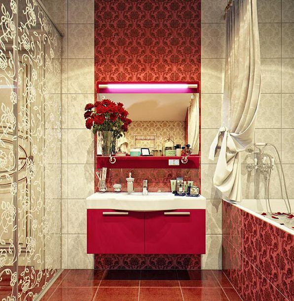 farba do kúpeľne bordová krémová ozdobná dlažba