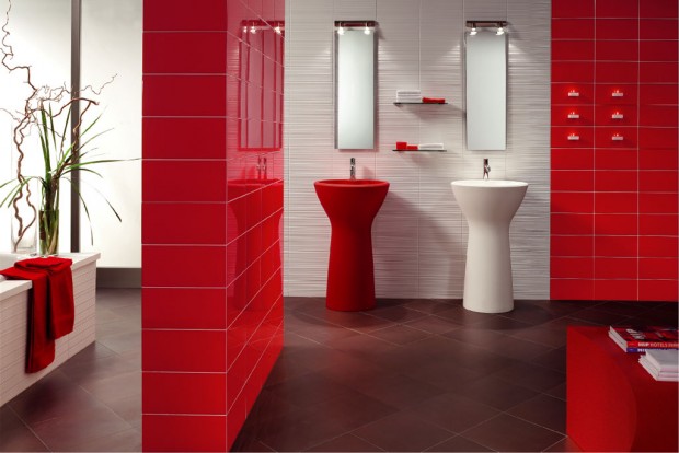 farebná kúpeľňa šarlátová biela bambusové voľne stojace márnosti