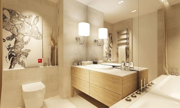 farba do kúpeľne krémová dlažba nábytok z ľahkého dreva