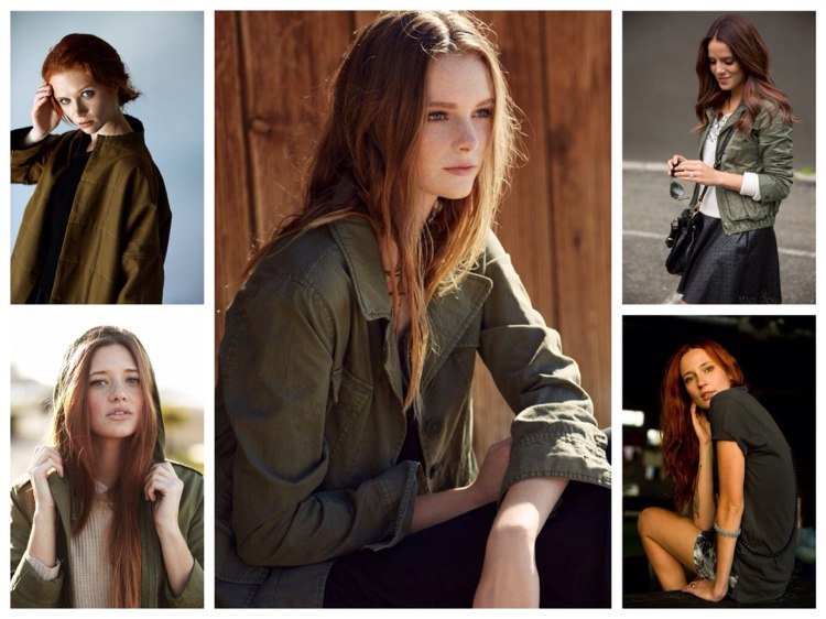 Khaki kabátová bunda červenovlasého dievčaťa s bledou pokožkou