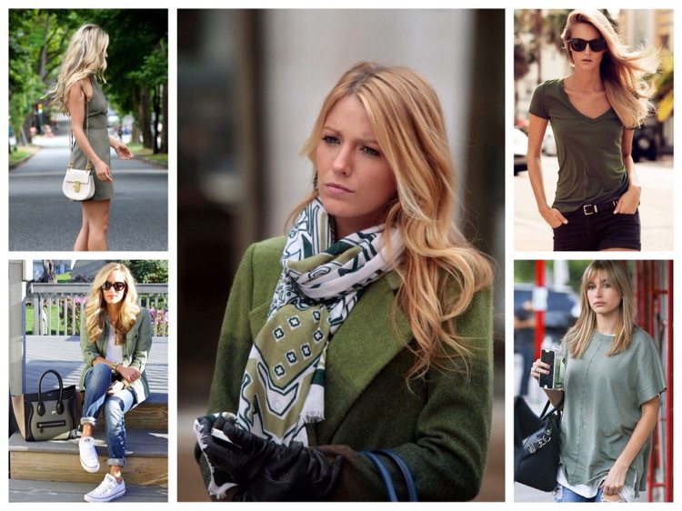 Skombinujte khaki, aby blond vlasy zažiarili