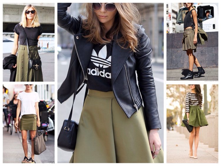 Skombinujte khaki sukňu s čiernym alebo bielym topom