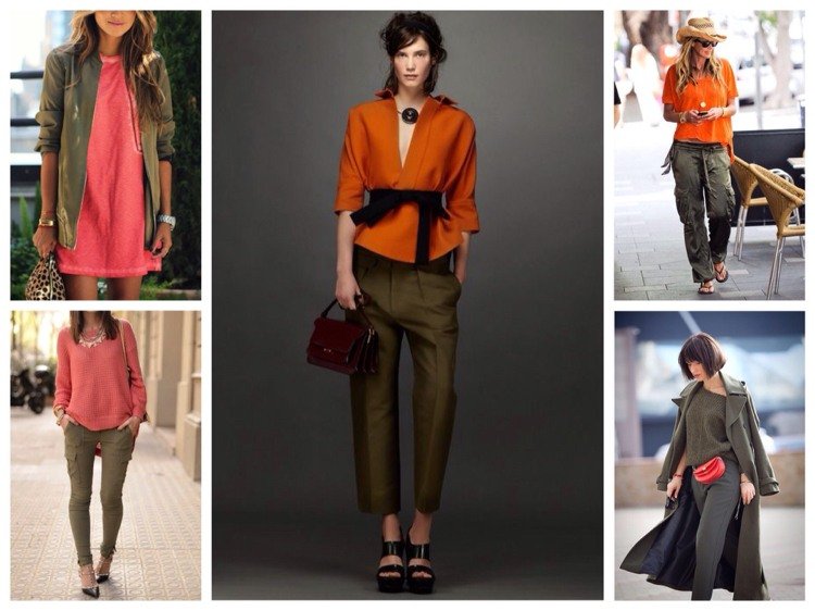 Khaki nohavice v jasných farbách kombinujú oranžový korál