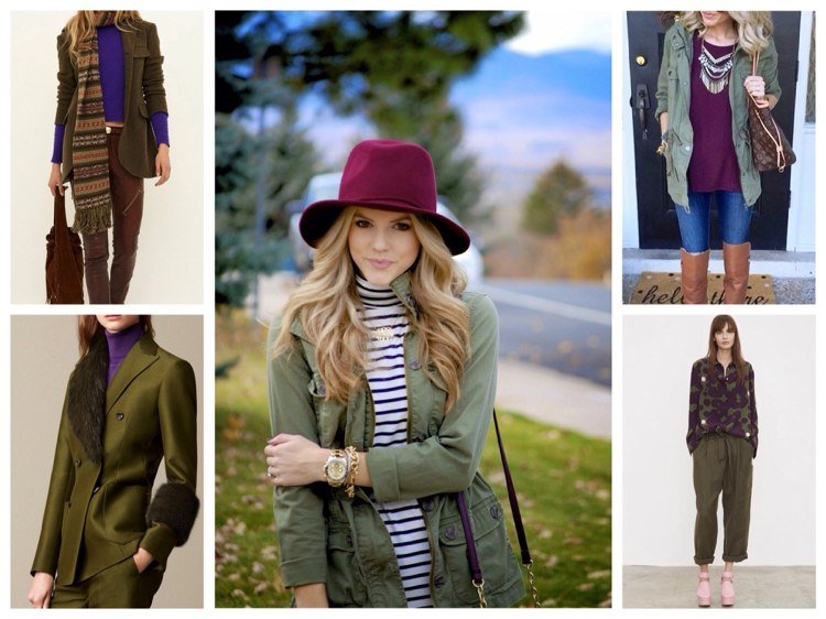 Skombinujte khaki zelenú s fialovým baklažánom z bordeaux