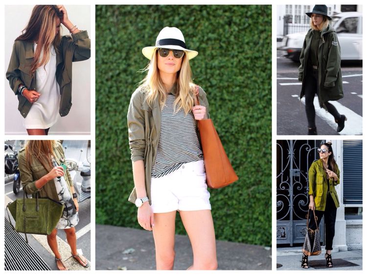 Skombinujte khaki bundu s pruhovaným topom a bielymi šortkami