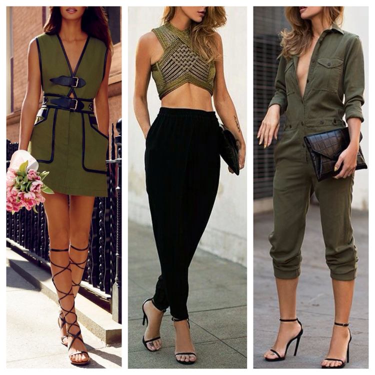 Khaki s čiernymi sandálami, spoločenskými nohavicami a crop topom