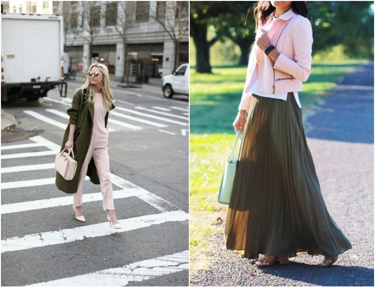 Kombinácia khaki s pastelovými farbami ružovej mäty zelenej