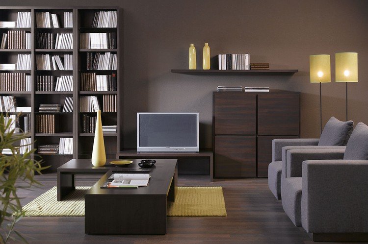 Farba na stenu Taupe, nábytok do obývačky vo farbe wenge a žlté akcenty Aké farby zodpovedajú akcentom wenge-nábytok-obývačka-taupe-stena-farba-žltá