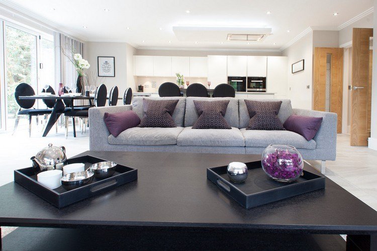 Konferenčný stolík Wenge, sivá sedačka a purpurové vankúše ktoré-farby-zápas-wenge-konferenčný stolík-sivá-sedačka-purpurové-akcenty