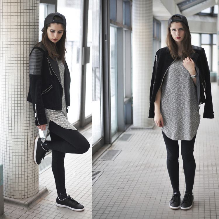 Outfit s legínami z dlhej top semišovej bundy čiernych tenisiek