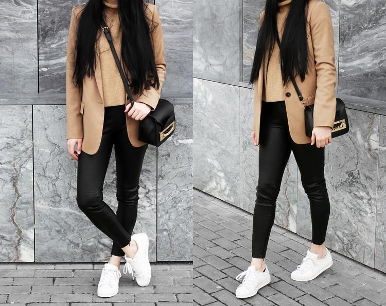 Legíny v jesenných hnedých blejzrových rolákových bielych teniskách