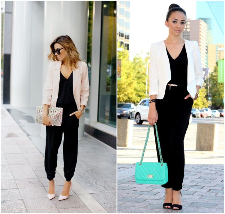 aké topánky nosiť s čiernou kombinézou nahý čiernobiely blejzer