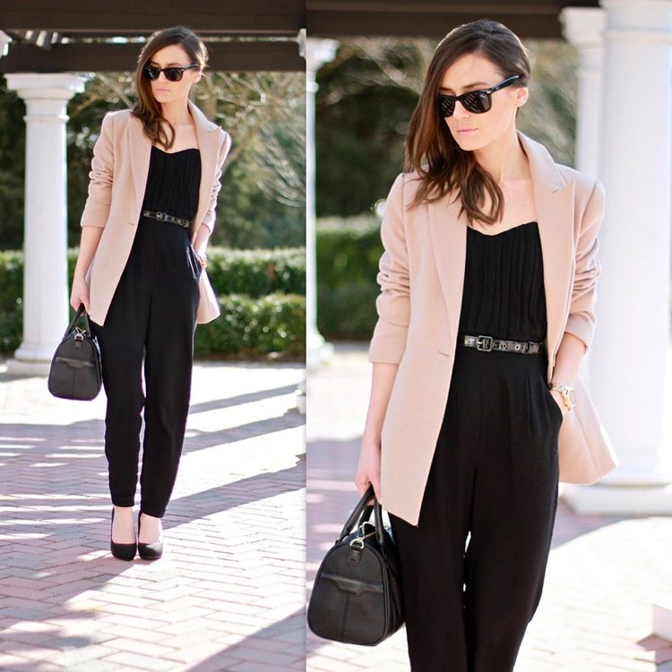 ku ktorým topánkam patrí elegantná kombinéza čierne lodičky béžový nahý blejzer