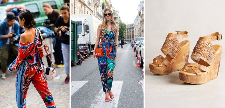 farebné vzorované celkovo béžové sandále s klinovým podpätkom